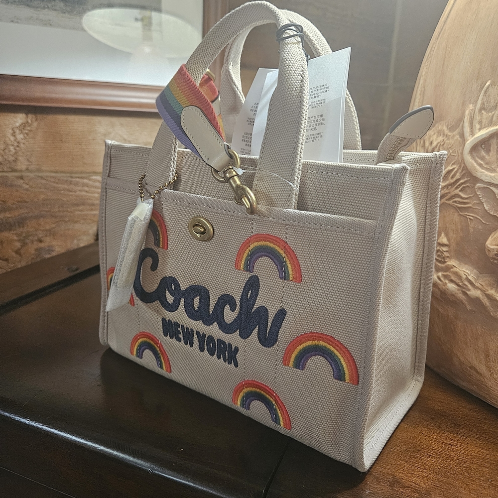 Coach Beige Canvas Tote Bag with Rainbow Accents With Straps - Picture 11 of 14